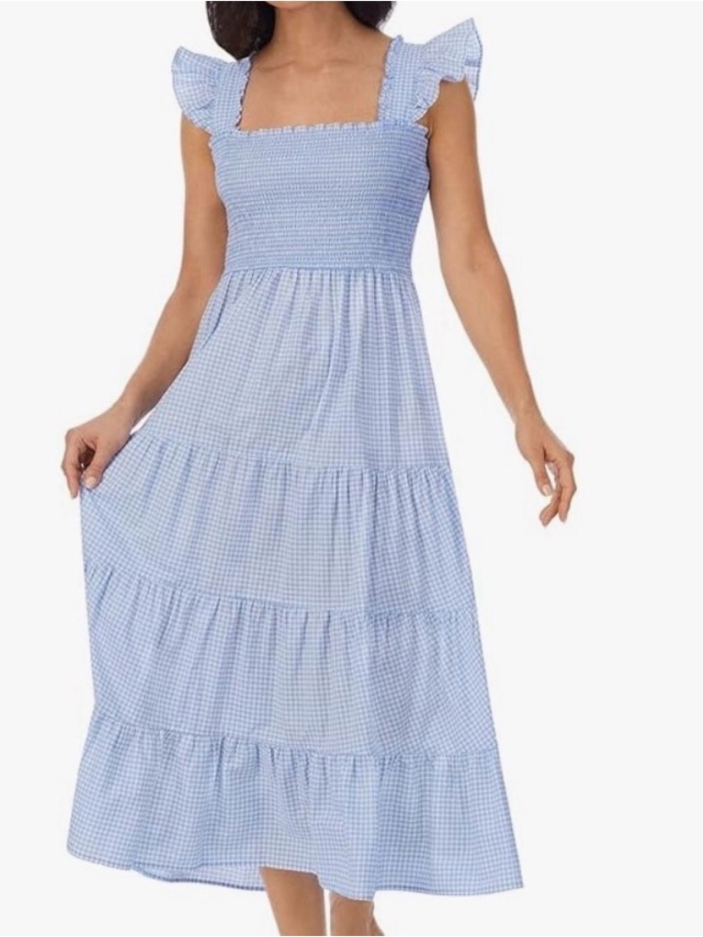 Eileen West Grace Light Blue Gingham Smocked Midi Dress with Ruffle Straps 50'